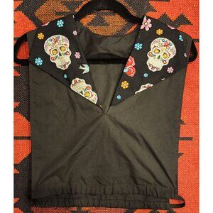 HANDMADE Sugar Skull Collar Black Sleeveless Top With Elastic Hem